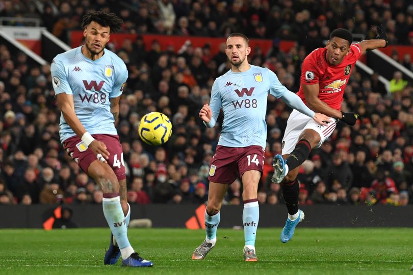 Anthony Martial shoots at goal at Old Trafford against Villa.